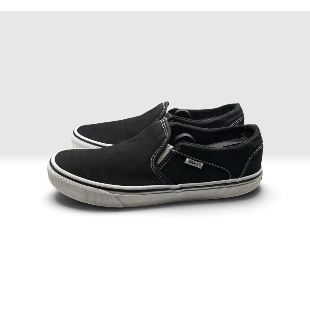 VANS Women's Asher Slip-On Sneakers Sz 9.5 Black White Stitch/Soles Skate -2092